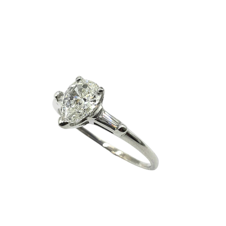 APPRAISED $3500- 14KT White Gold Engagement Ring with 1 Pear Shape Center Diamond -T-.76CT and 2 Baguette Diamonds -T-.10CT