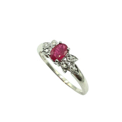 APPRAISED $800- 14KT White Gold Ring with 1 Oval Ruby (6x4) and 6 Single Cut Diamonds -T-.03CT in a Flower Design
