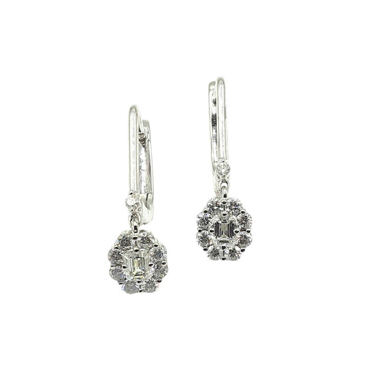 APPRAISED $2500- 14KT White Gold Leverback Earrings with 2 Emerald Cut Diamonds -T-.46CT Surrounded by 18 Round Brilliant Diamonds -T-.52CT