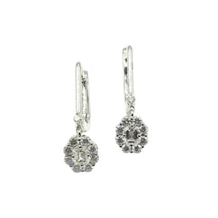 APPRAISED $2500- 14KT White Gold Leverback Earrings with 2 Emerald Cut Diamonds -T-.46CT Surrounded by 18 Round Brilliant Diamonds -T-.52CT