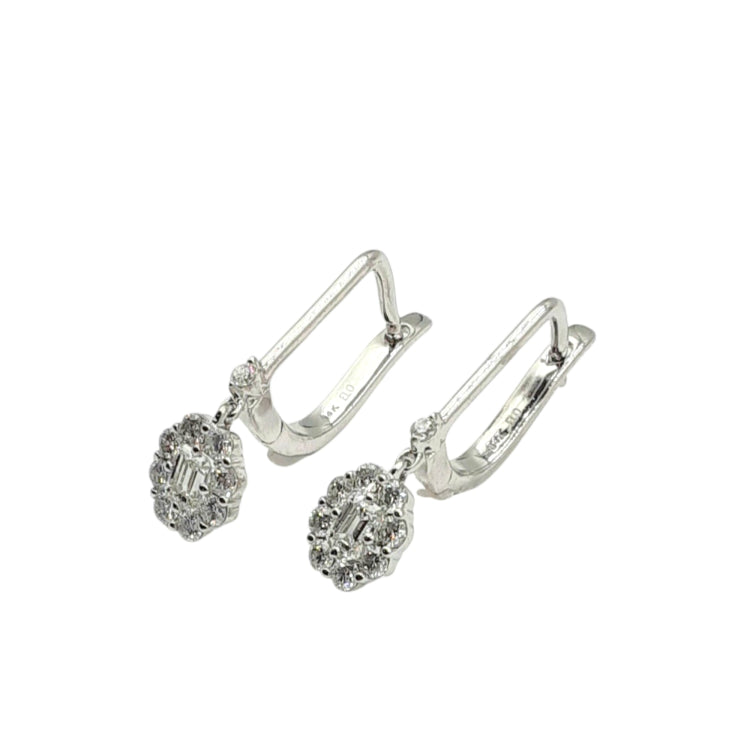 APPRAISED $2500- 14KT White Gold Leverback Earrings with 2 Emerald Cut Diamonds -T-.46CT Surrounded by 18 Round Brilliant Diamonds -T-.52CT