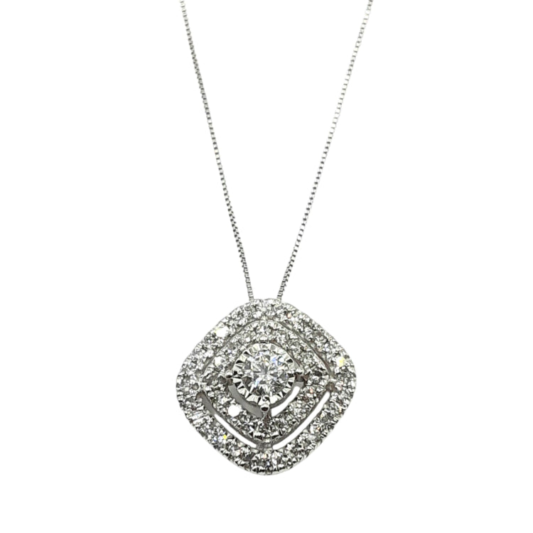 APPRAISED $750- 10KT White Gold Pendant with 1 Round Brilliant Diamond -T-.13CT (3.3x2.06) Surrounded by 44 Single Cut Diamonds -T-.33CT Set in a Square Double Halo on an 18" Fine Box Link Chain