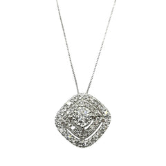 APPRAISED $750- 10KT White Gold Pendant with 1 Round Brilliant Diamond -T-.13CT (3.3x2.06) Surrounded by 44 Single Cut Diamonds -T-.33CT Set in a Square Double Halo on an 18" Fine Box Link Chain
