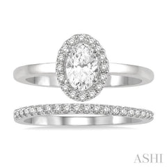 3/4 Ctw Round Cut Diamond Wedding Set With 5/8 Ct Oval Cut Engagement Ring and 1/6 Ct Round Cut Diamond Wedding Band in 14K White Gold