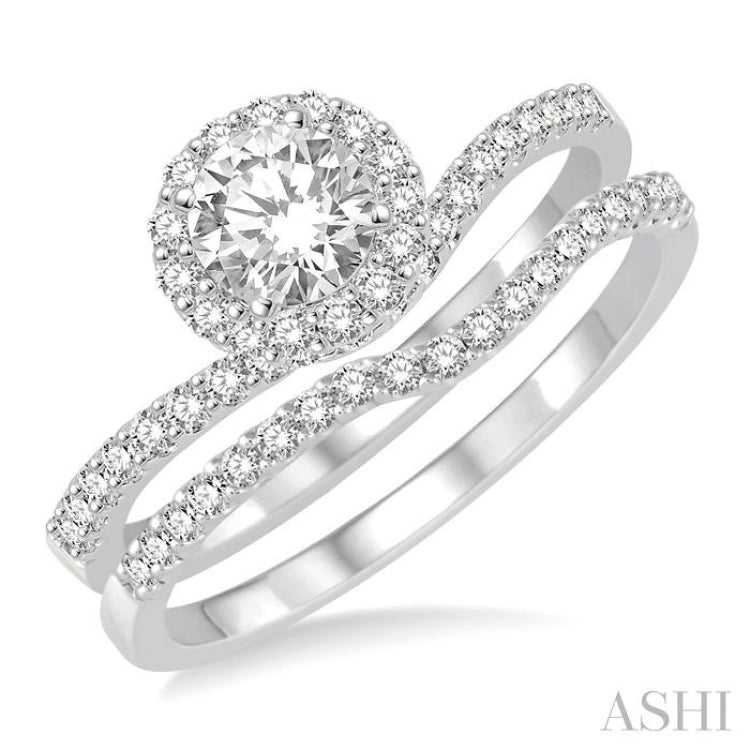 3/4 Ctw Diamond Wedding Set with 1/2 Ctw Round Cut Engagement Ring and 1/6 Ctw Wedding Band in 14K White Gold