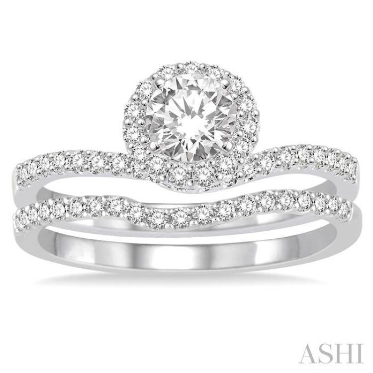 3/4 Ctw Diamond Wedding Set with 1/2 Ctw Round Cut Engagement Ring and 1/6 Ctw Wedding Band in 14K White Gold