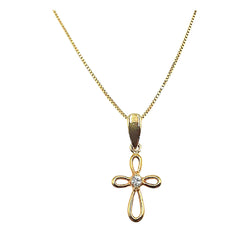 APPRAISED $250- 14KT Yellow Gold Openwork Childs Cross with 1 Round Cubic Zirconia set on a 13" Box Link Chain