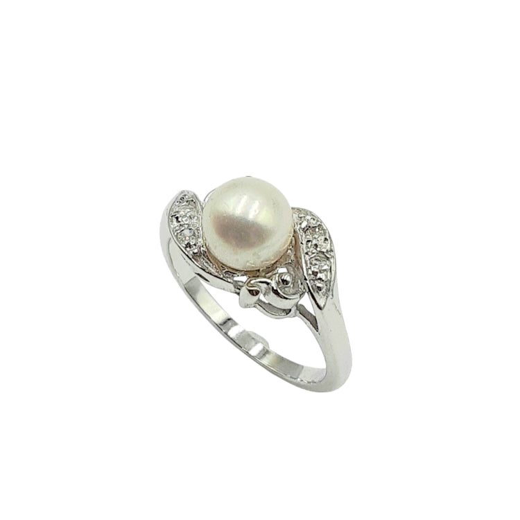 APPRAISED $500- 10KT White Gold Ring with 1 Cultured Pearl (6.7MM) and 4 Single Cut Diamonds -T-.04CT