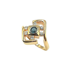 APPRAISED $1400- 14KT Yellow Gold Bypass Style Ring with 1 Bezel Set Round Sapphire (4.3MM) with 6 Round Brilliant Diamonds -T-.24CT set in a Geometric Bypass