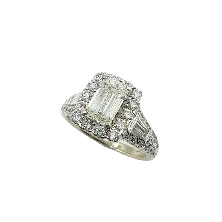 APPRAISED $7400- 14KT White Gold Engagement Ring with 1 Emerald Cut Center Diamond -T-1.09CT Surrounded by 4 Baguette Diamonds -T-.14CT and 54 Round Brilliant Diamonds -T-.74CT Set in a Halo Design and Along the Sides of the Mounting