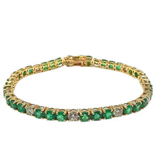 APPRAISED $5000- 14KT Yellow Gold Line Bracelet with 32 Round Emeralds (3.9MM) Set in Groups of 3 Alternating with 11 Round Brilliant Diamonds -T-2.20CT