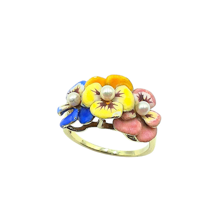 APPRAISED $500- 14KT Yellow Gold Enamel Flower Earrings with 2 Cultured Pearls (2.7MM) in the center