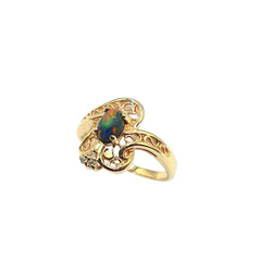 APPRAISED $800- 14KT Yellow Gold Ring with 1 Oval Synthetic Black Opal (6x4) and 3 Round Brilliant Diamonds -T-.03CT