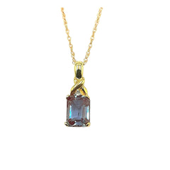 APPRAISED $650- 10KT Yellow Gold Pendant with 1 Synthetic Emerald Cut Alexandrite (8x6) and 1 Round Brilliant Diamond -T-.01CT