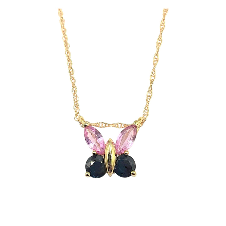 APPRAISED $700- 14KT Yellow Gold Butterfly Style Pendant with 2 Marquise Pink Sapphire (6x3) and 2 Round Blue Sapphires (4MM)