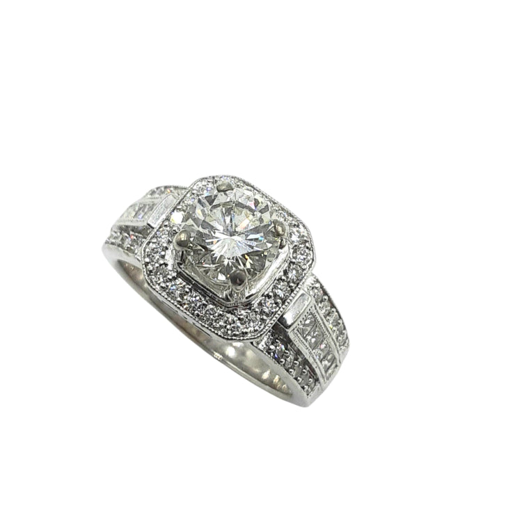 APPRAISED $8400- 14KT White Gold Engagement Ring with 1 Round Brillant Center Diamond -T-1.10CT with 10 Princess Cut & 40 Round Brilliant Diamonds -T-.62CT Set in an Octagon Halo and Along Sides of the Mounting 