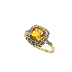 APPRAISED $600- 10KT Yellow Gold Ring with 1 Cushion Cut Citrine Center Stone (7MM) with 12 Single Cut White Diamonds & 20 Round Brilliant Champagne Diamonds -T-.26CT Set into a Double Halo Design