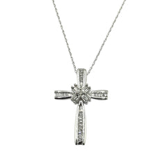 APPRAISED $475- 10KT White Gold Cross Pendant with 1 Round Brilliant diamond & 33 Baguette Diamonds       -T-.19CT