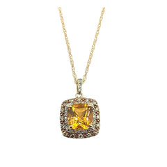 APPRAISED $625- 10KT Yellow Gold Pendant with 1 Center Cushion Cut Citrine (7MM) with 15 Single Cut White Diamonds & 16 Round Brilliant Champagne Diamonds -T-.23CT Set in a Double Halo Design