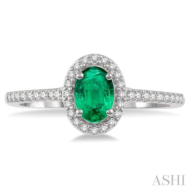 6x4 MM Oval Shape Emerald and 1/5 Ctw Single Cut Diamond Precious Ring in 10K White Gold