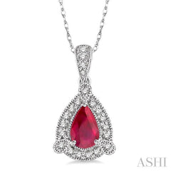 6x4 MM Pear Shape Ruby and 1/10 Ctw Round Cut Diamond Pendant in 14K White Gold with Chain