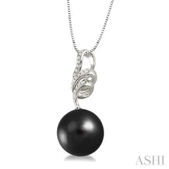 10 MM Black Cultured Pearl and 1/8 Ctw Round Cut Diamond Pendant in 14K White Gold with Chain