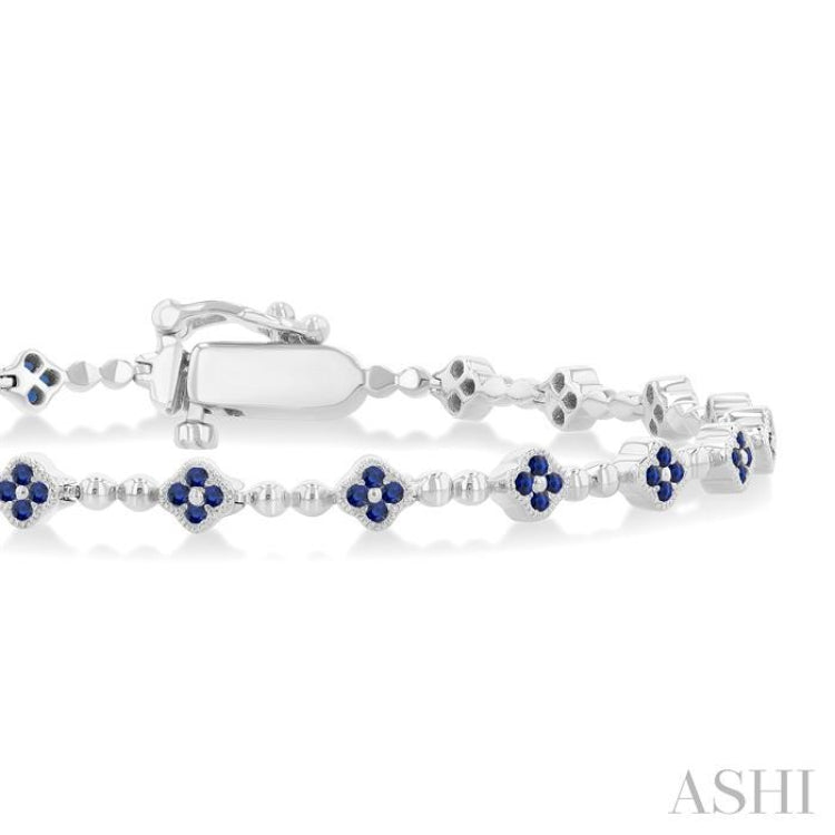 1 MM Round Cut Sapphire Clover and Bead Ball Link Precious Tennis Bracelet in 14K White Gold