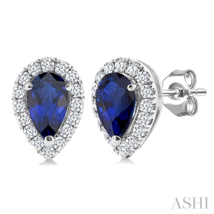 5x3 MM Pear Shape Sapphire and 1/8 Ctw Round Cut Diamond Halo Precious Stud Earrings in 10K White Gold