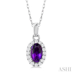 5x3 MM Oval Shape Amethyst and 1/20 Ctw Single Cut Diamond Halo Semi-Precious Pendant with Chain in 10K White Gold