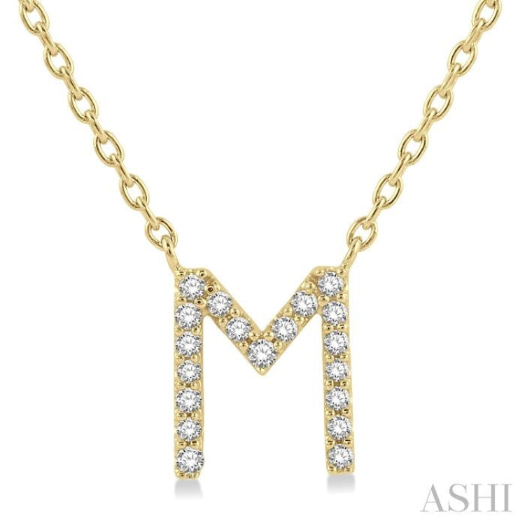 1/20 Ctw Initial 'M' Round Cut Diamond Pendant With Chain in 10K Yellow Gold