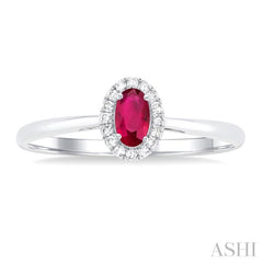 5x3 MM Oval Shape Ruby and 1/20 Ctw Single Cut Diamond Halo Precious Ring in 14K White Gold
