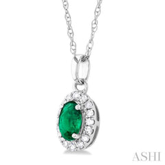 5x3 MM Oval Shape Emerald and 1/20 Ctw Single Cut Diamond Halo Precious Pendant with Chain in 10K White Gold