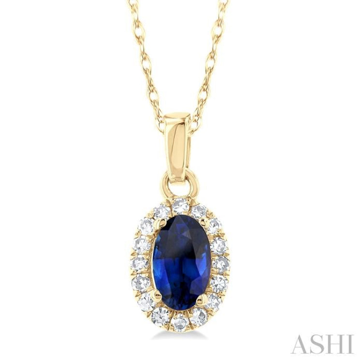 5x3 MM Oval Shape Sapphire and 1/20 Ctw Single Cut Diamond Halo Precious Pendant with Chain in 10K Yellow Gold