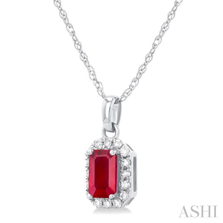 5x3 MM Octagonal Shape Ruby and 1/20 Ctw Single Cut Diamond Halo Precious Pendant with Chain in 10K White Gold