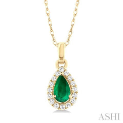 5x3 MM Pear Shape Emerald and 1/20 Ctw Single Cut Diamond Halo Precious Pendant with Chain in 10K Yellow Gold
