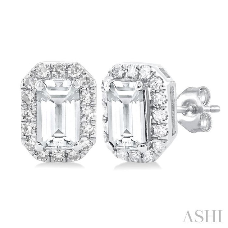5x3 MM Octagonal Shape White Topaz and 1/8 Ctw Single Cut Diamond Halo Semi-Precious Stud Earrings in 10K White Gold