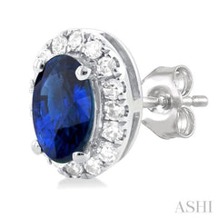 5x3 MM Oval Shape Sapphire and 1/8 Ctw Single Cut Diamond Halo Precious Stud Earrings in 14K White Gold