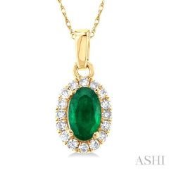 5x3 MM Oval Shape Emerald and 1/20 Ctw Single Cut Diamond Halo Precious Pendant with Chain in 14K Yellow Gold