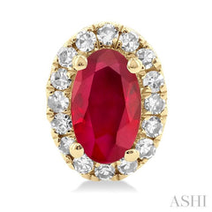 5x3 MM Oval Shape Ruby and 1/8 Ctw Single Cut Diamond Halo Precious Stud Earrings in 10K Yellow Gold