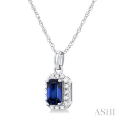 5x3 MM Octagonal Shape Sapphire and 1/20 Ctw Single Cut Diamond Halo Precious Pendant with Chain in 10K White Gold