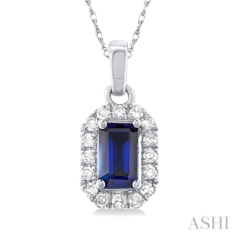 5x3 MM Octagonal Shape Sapphire and 1/20 Ctw Single Cut Diamond Halo Precious Pendant with Chain in 10K White Gold
