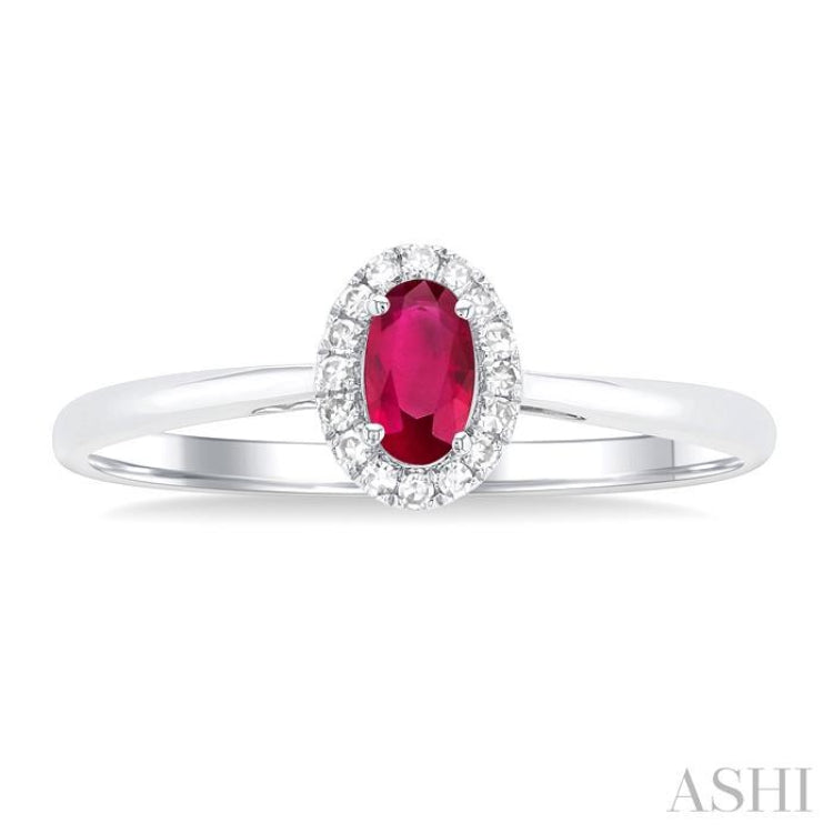 5x3 MM Oval Shape Ruby and 1/20 Ctw Single Cut Diamond Halo Precious Ring in 10K White Gold