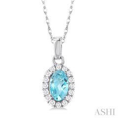5x3 MM Oval Shape Aquamarine and 1/20 Ctw Single Cut Diamond Halo Semi-Precious Pendant with Chain in 10K White Gold