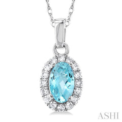 5x3 MM Oval Shape Aquamarine and 1/20 Ctw Single Cut Diamond Halo Semi-Precious Pendant with Chain in 10K White Gold