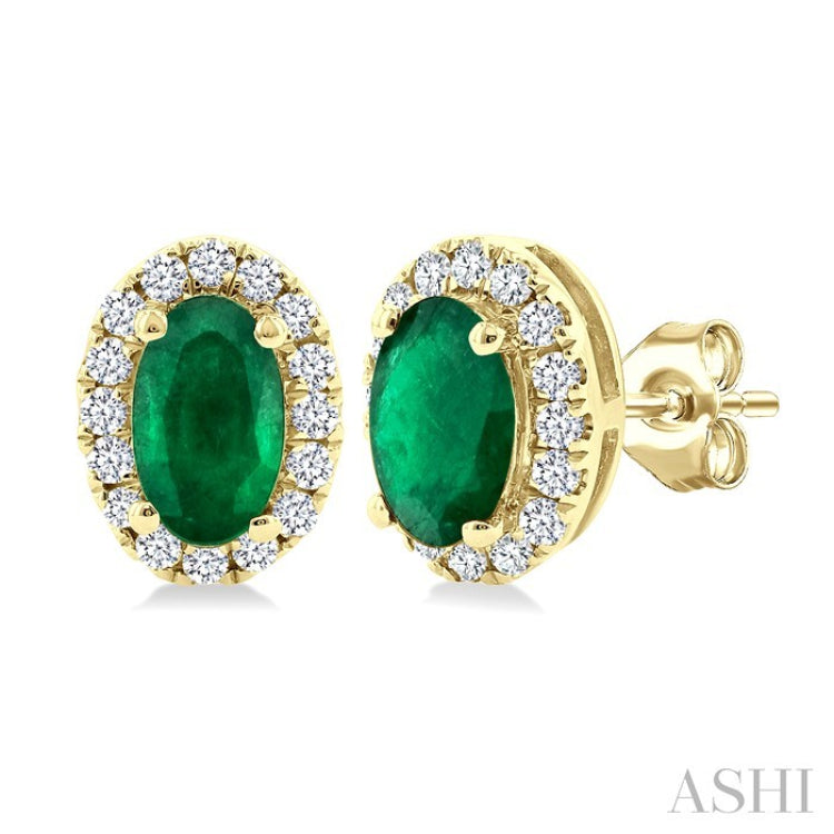 5x3 MM Oval Shape Emerald and 1/8 Ctw Round Cut Diamond Halo Precious Stud Earrings in 10K Yellow Gold