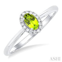 5x3 MM Oval Shape Peridot and 1/20 Ctw Single Cut Diamond Halo Semi-Precious Ring in 14K White Gold