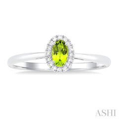 5x3 MM Oval Shape Peridot and 1/20 Ctw Single Cut Diamond Halo Semi-Precious Ring in 14K White Gold
