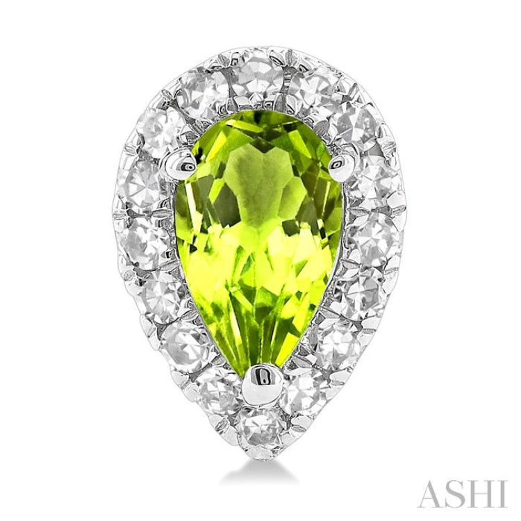 5x3 MM Pear Shape Peridot and 1/8 Ctw Single Cut Diamond Halo Semi-Precious Stud Earrings in 10K White Gold