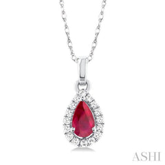 5x3 MM Pear Shape Ruby and 1/20 Ctw Single Cut Diamond Halo Precious Pendant with Chain in 10K White Gold