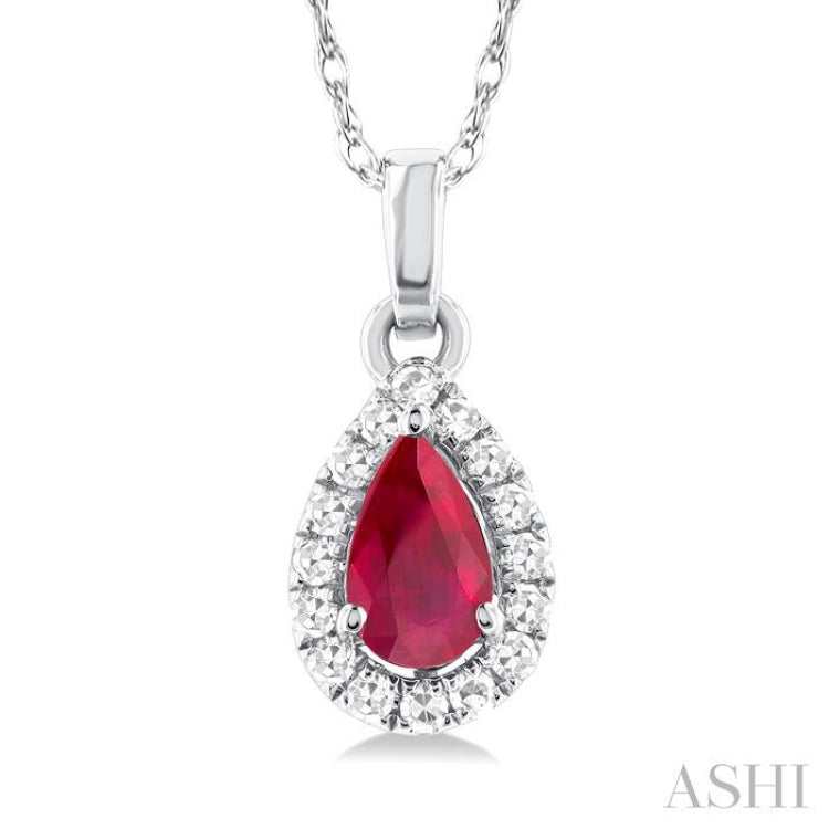 5x3 MM Pear Shape Ruby and 1/20 Ctw Single Cut Diamond Halo Precious Pendant with Chain in 10K White Gold